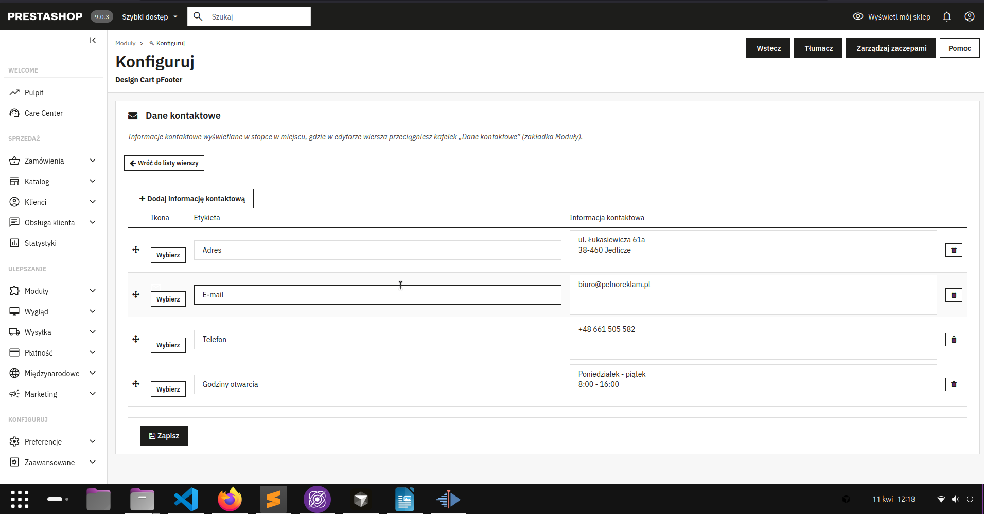 Screen: formularz konfiguracji danych kontaktowych