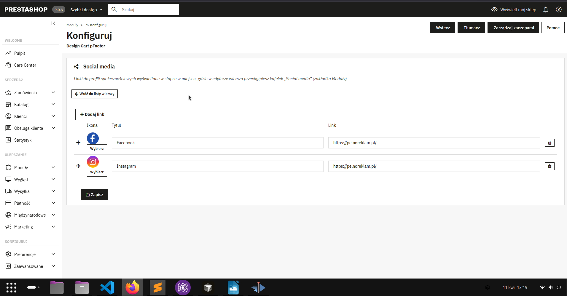 Screen: formularz konfiguracji socialmediów