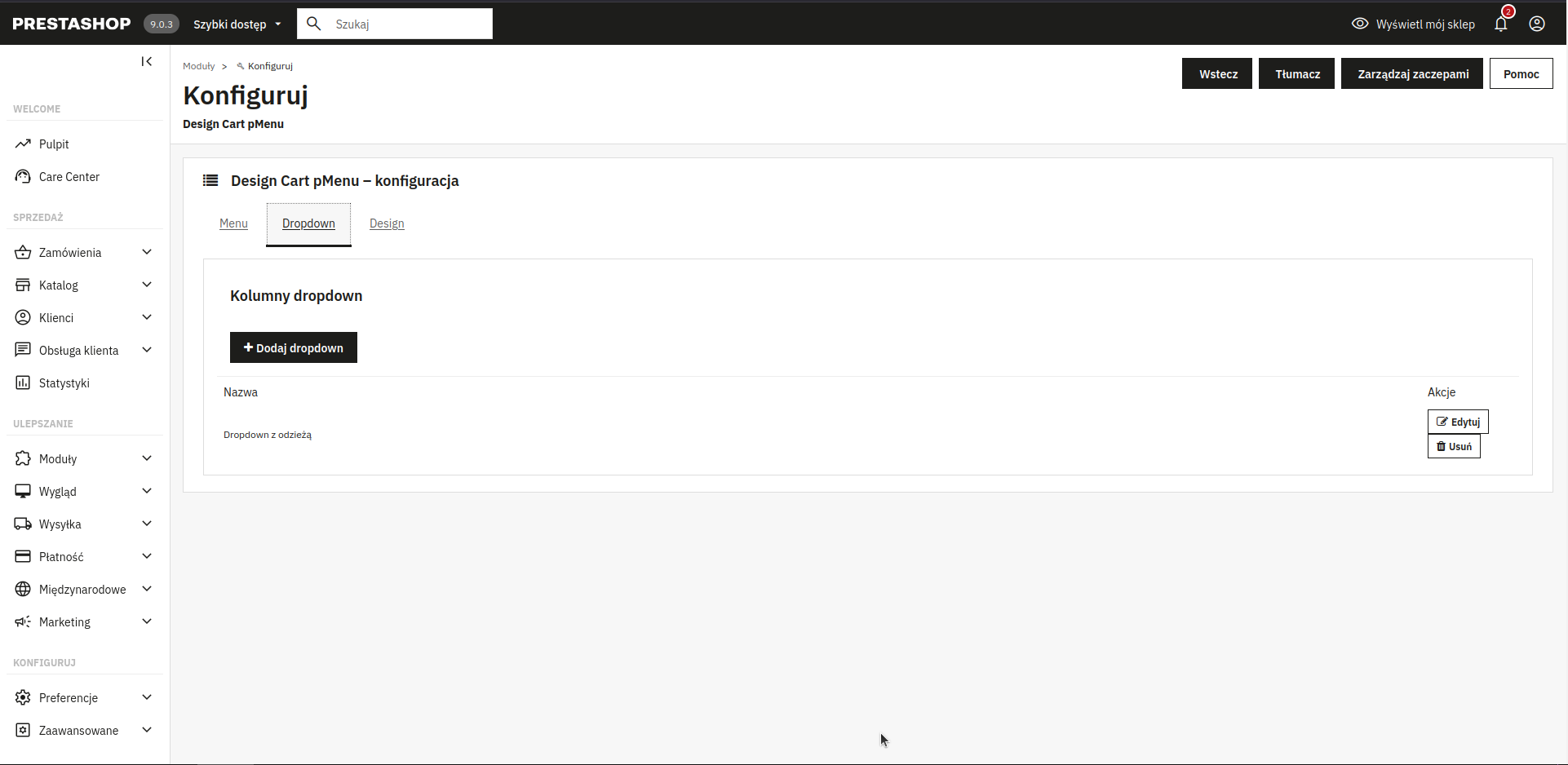 Screen: ustawienia modułu, zakładka "Dropdown"