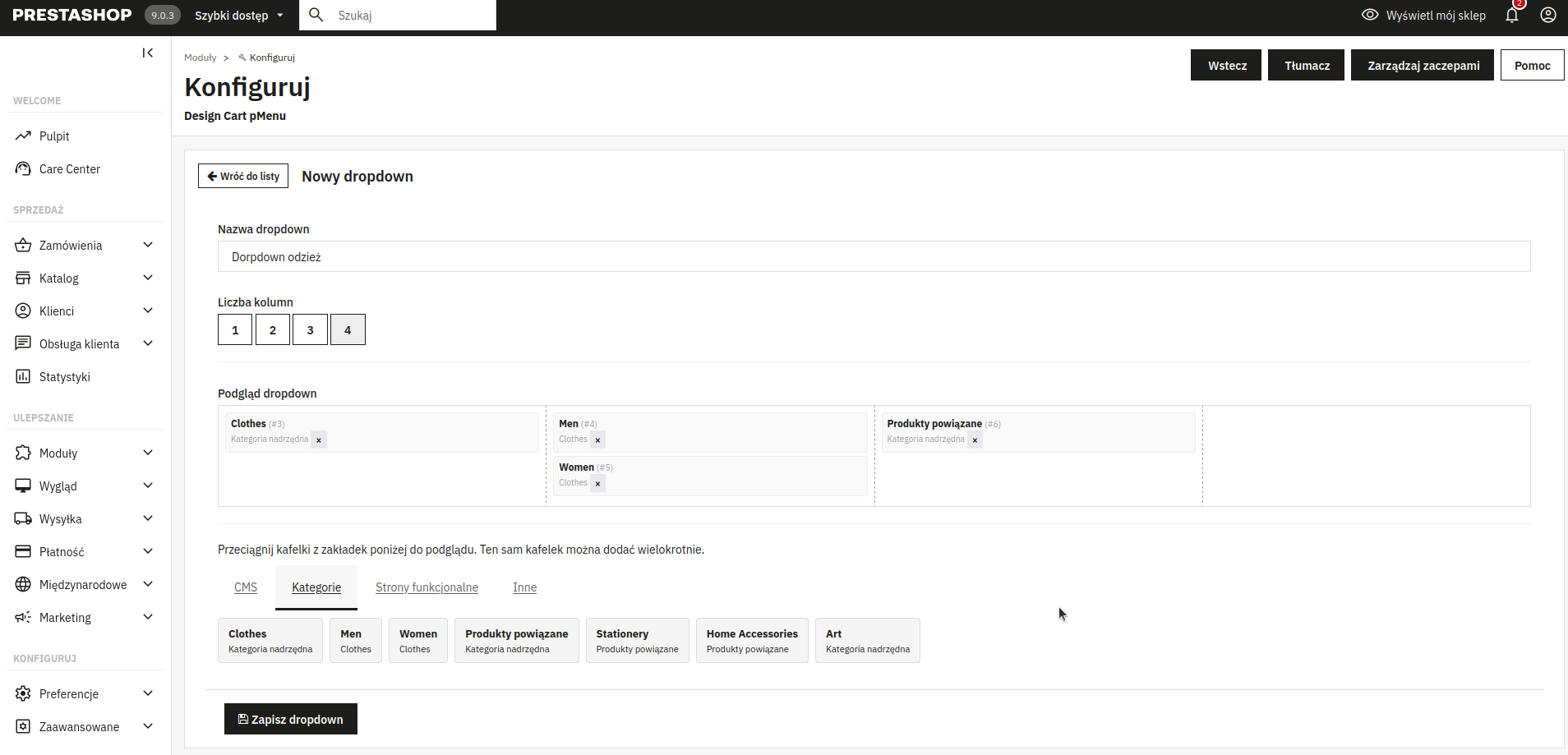 Screen: ustawienia modułu - konfiguracja kolumn