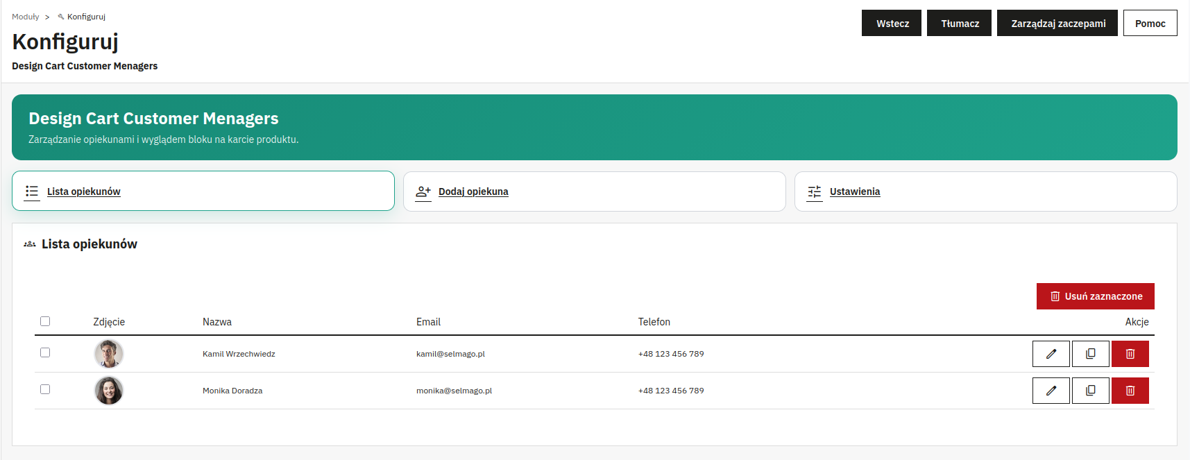 Screen przedstawiający konfigurację modułu - lista opiekunów
