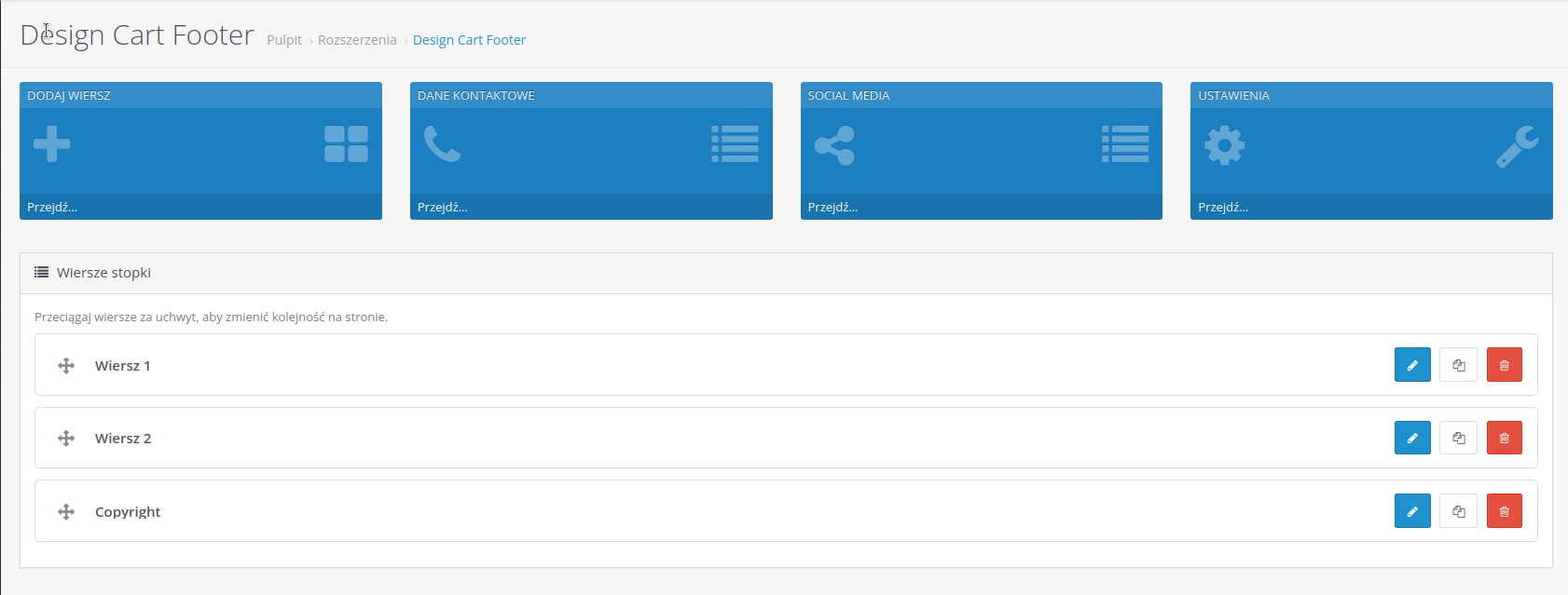 Screen: lista wierszy w stopce