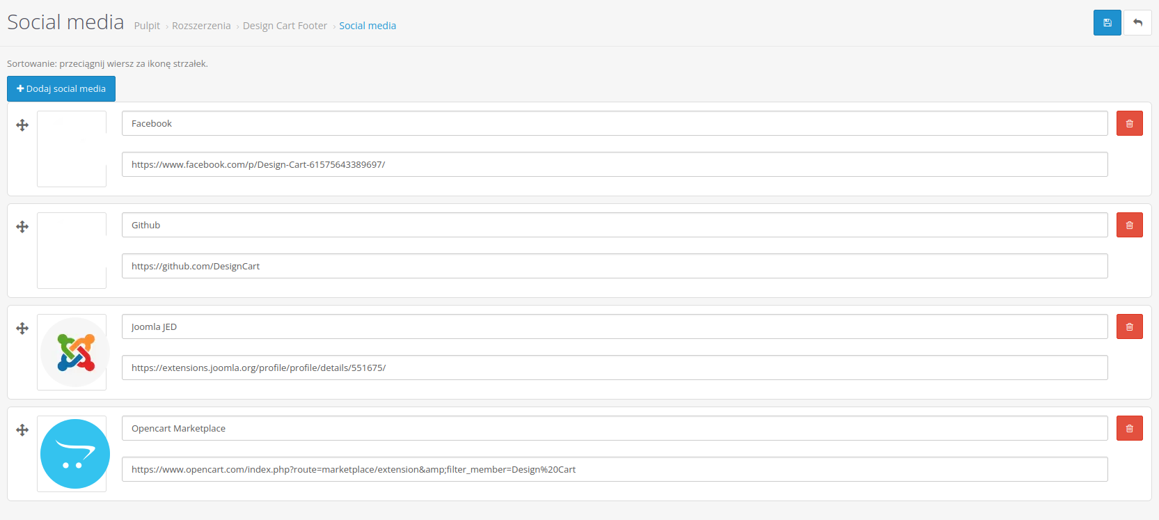 Screen: edycja danych socialmedia