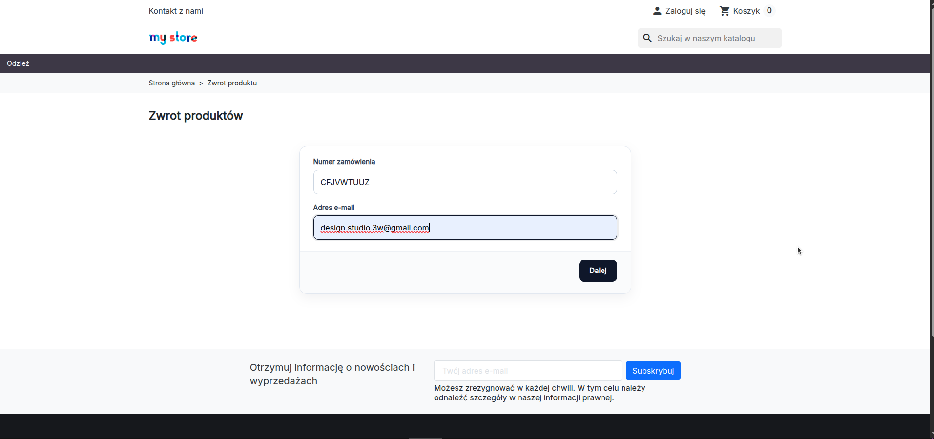 Screen: wprowadzenie numeru zamówienia i adresu email Screen: wprowadzenie numeru zamówienia i adresu email