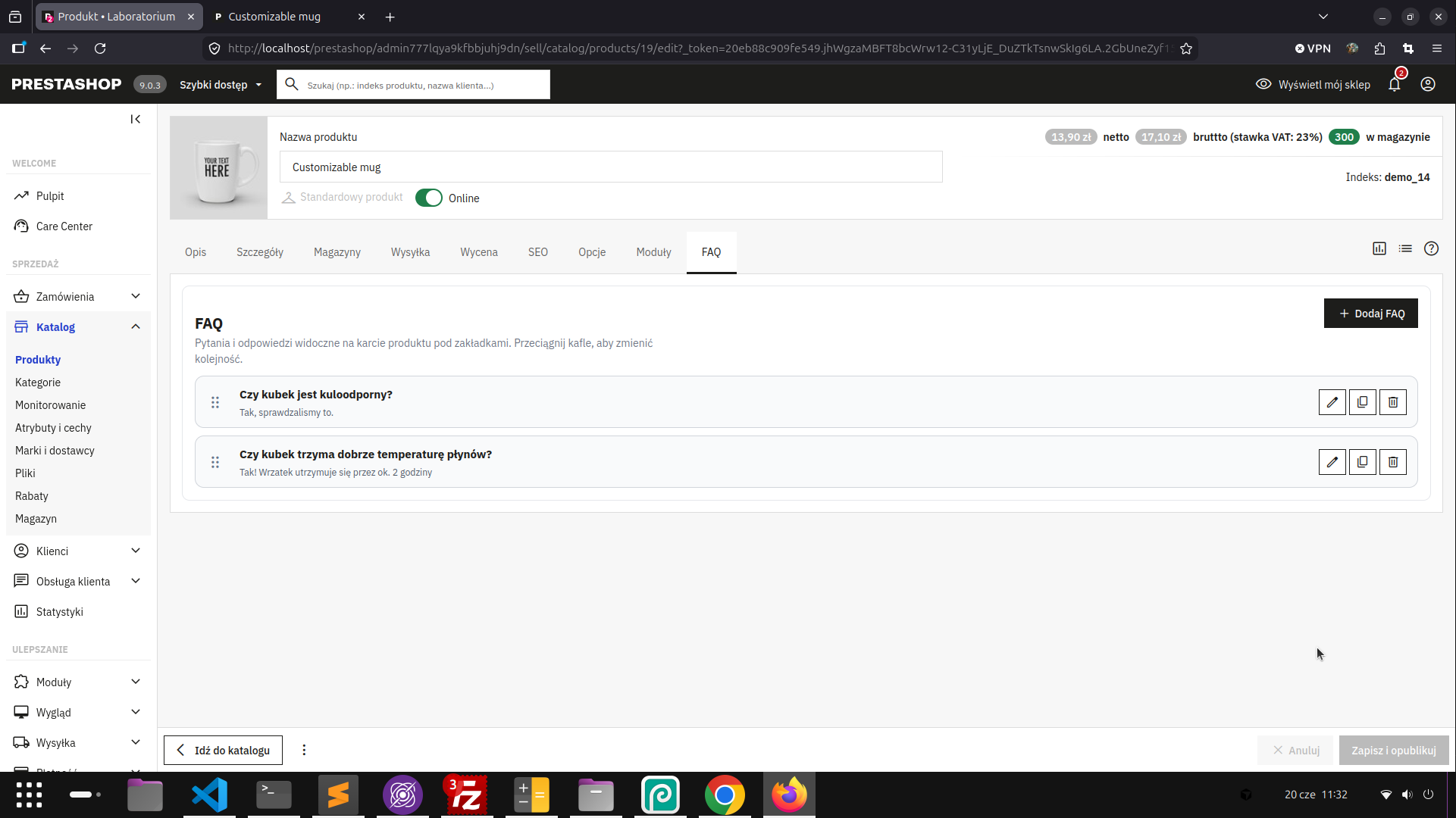 Screen: edycja produktu - zakładka zarządzania FAQ