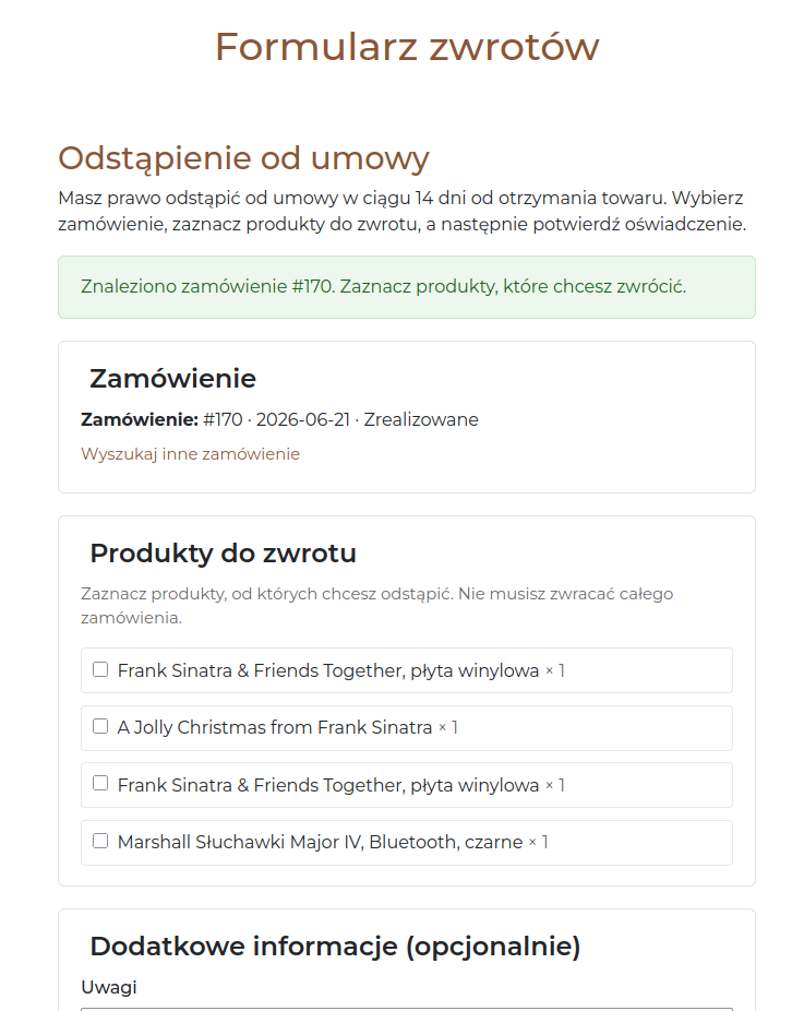 Screen: formularz zwrotów - zaznaczenie produktów do zwrotu