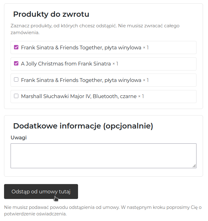 Screen: formularz zwrotów - dodanie uwag i wysłanie wniosku