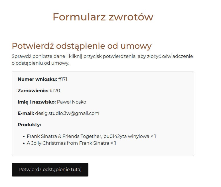 Screen: formularz zwrotów - potwierdzenie wysłania wniosku