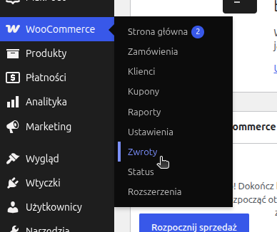 Screen - panel admina: link "zwroty"